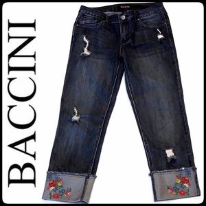 BACCINI DARK WASH DISTRESSED EMBROIDERED CROP JEAN